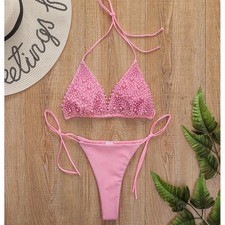 Pink Beaded Halter Triangle Bikini Swimsuit Thong Bottoms Women's L