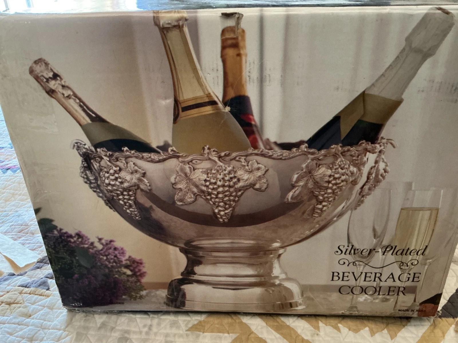 New Silver Plate Punch Bowl Beverage Cooler~Ladle~Ice Drain Plate~Bottle Holder