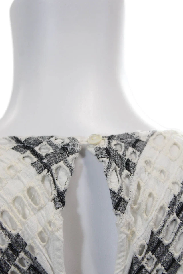 Ett: Twa By Anthropologie Womens Striped Eyelet V Neck Romper White Black Size 6 - Image 4 of 4