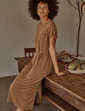J Jill 2X Maxi Dress Brown Short Sleeve Long Tie Belt Soft Modal Minimalist