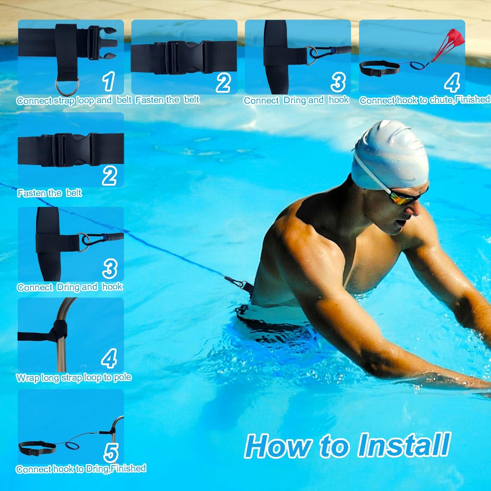 Swimming Resistance Training Set - Aquatic Resistance Belt, Swim Parachute, P...