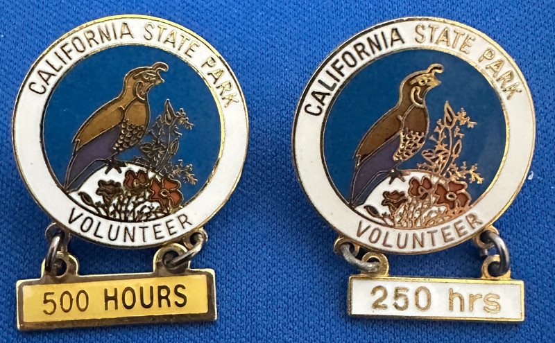 2 Vintage California State Park Volunteer Lapel Pins - 500 Hours - 250 Hours