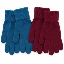 2 Pair Knit Touchscreen Gloves Teal Burgundy Winter Stretch Cozy Unisex