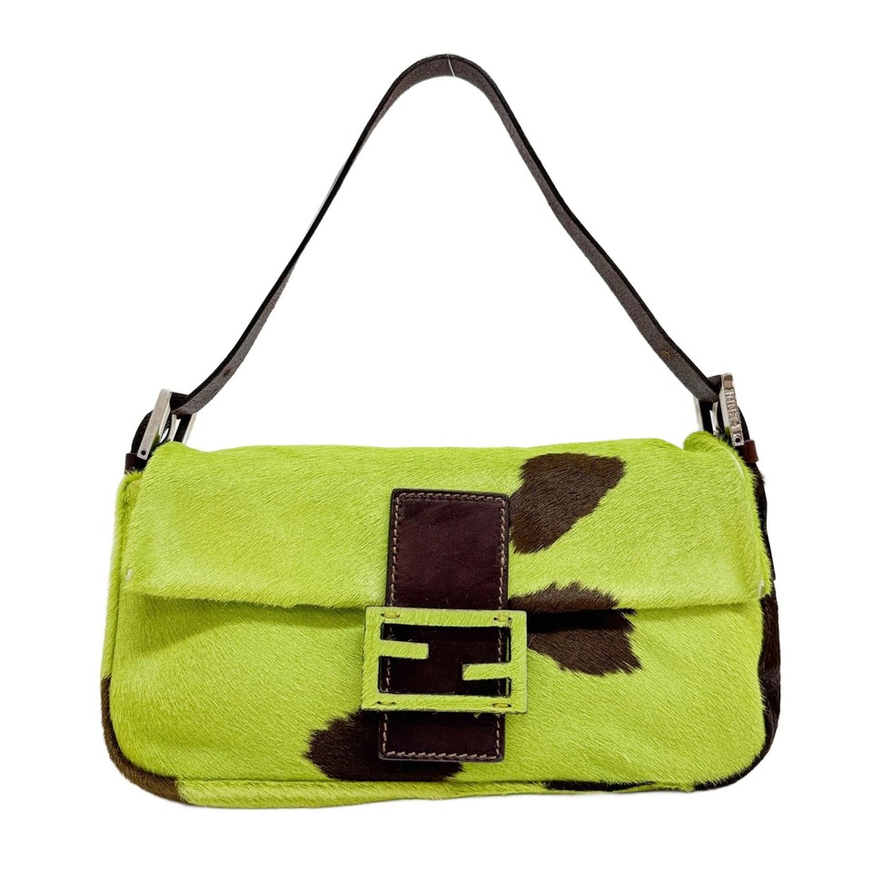 FENDI Baguette Green Cow Print Pony Hair Shoulder Bag