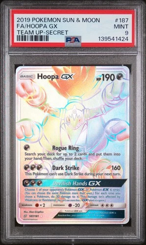 2019 POKEMON SUN & MOON TEAM UP SECRET #187 FULL ART/HOOPA GX PSA 9