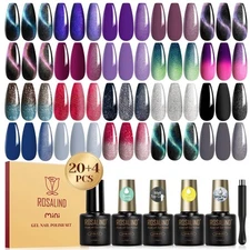24PCS Cat Eye Gel Nail Polish Set with Glitter Glossy Matte Top Coat Base Coa...