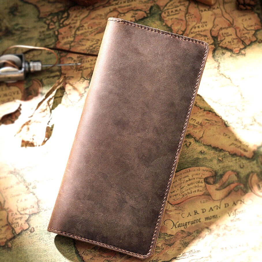 Cartera sin asas hecha a mano de cuero de búfalo genuino Rfid doble cartera larga unisex Foto 4 de 4