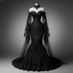 ebay black wedding dress Gothic Black Wedding Dress Lace Appliques Long Sleeves Plus Size Bridal Gown