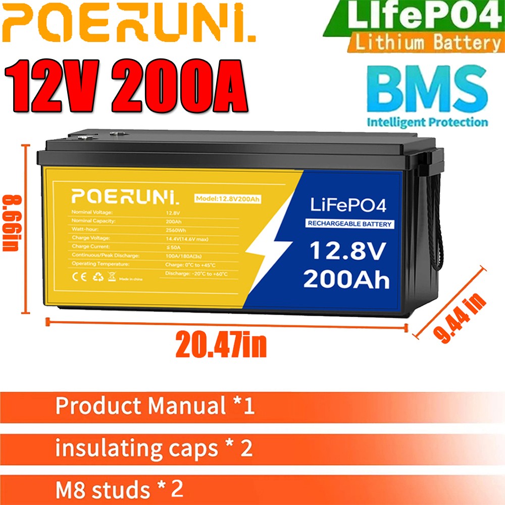 12V 200AH LiFePO4 Lithium Battery Built-in BMS Deep Cycle For Solar RV Off-grid