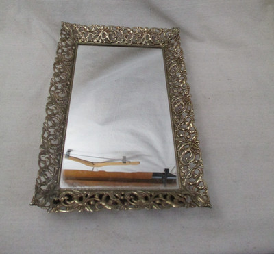 Vtg Ornate Gold Filigree Framed Vanity Mirror Wall Hang or Free Standing 10 x 15