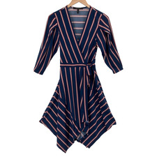 BCBGMAXAZRIA Blue Striped Wrap Dress XXS V-Neck Asymmetrical Scarf Hem