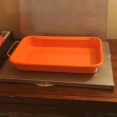 Vintage Enamel Lasagna Bake & Serve Pan With Rack Tiger Lily Orange