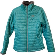 The North Face Girls Aqua Green Gray Reversible Puffer Teddy Fleece Jacket Sz XL
