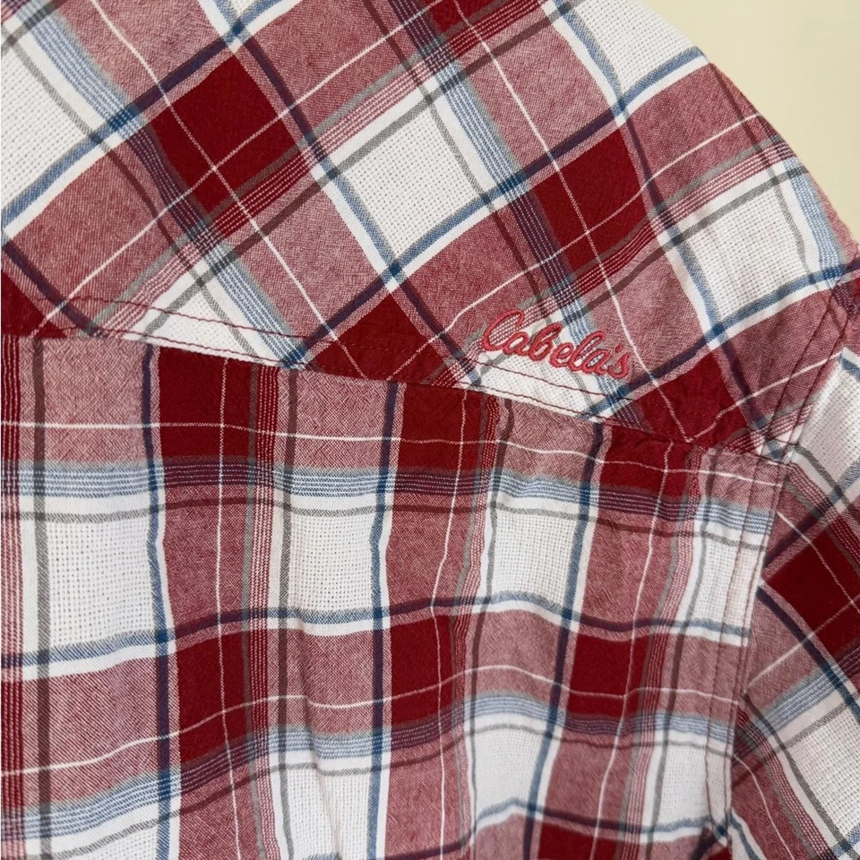 Cabela's Red Gray White Plaid short sleeve button up Shirt SZ 2XL - Image 3 of 4
