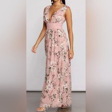 Windsor Dusty Pink Floral Maxi Dress S Crochet Waist Chiffon Wedding Guest Prom