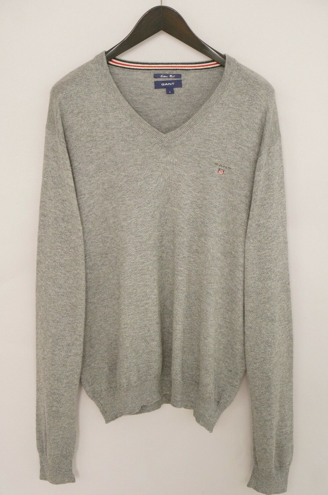 Herren GANT Pullover Baumwolle Wolle Grau Freizeit Atmungsaktiv V Hals L XMX968