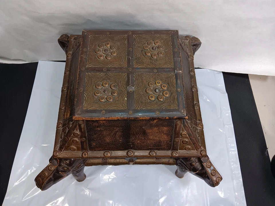 Wooden Carved Elephant Box Large Storage Container Indian Brass Handcarved India - Image 3 of 4