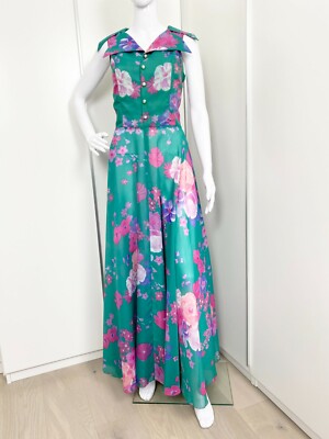 Vintage 60s 70s Green and Pink Floral Chiffon Full Circle Maxi Dress S M  (10-12) | eBay
