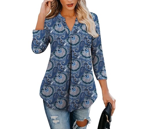 Blusa túnica para mujer Zenbriele mangas 3/4 cuello en V estampada cachemira folwy
