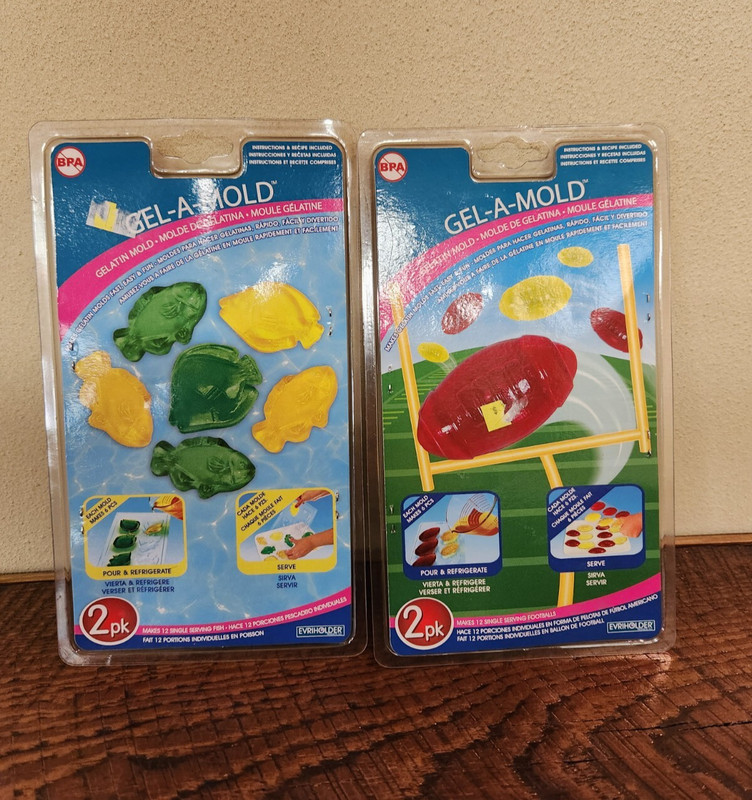 GEL-A-MOLD GELATIN MOLDS, NWT TWO PACKS, JELLO SHOTS, DECOR, FOOTBALL & FISH