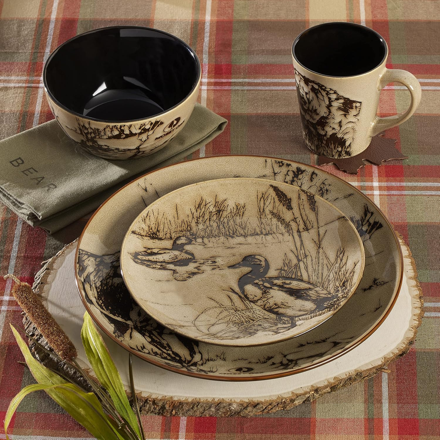 Animal Print 16 Piece Dinnerware Set, Black and Beige