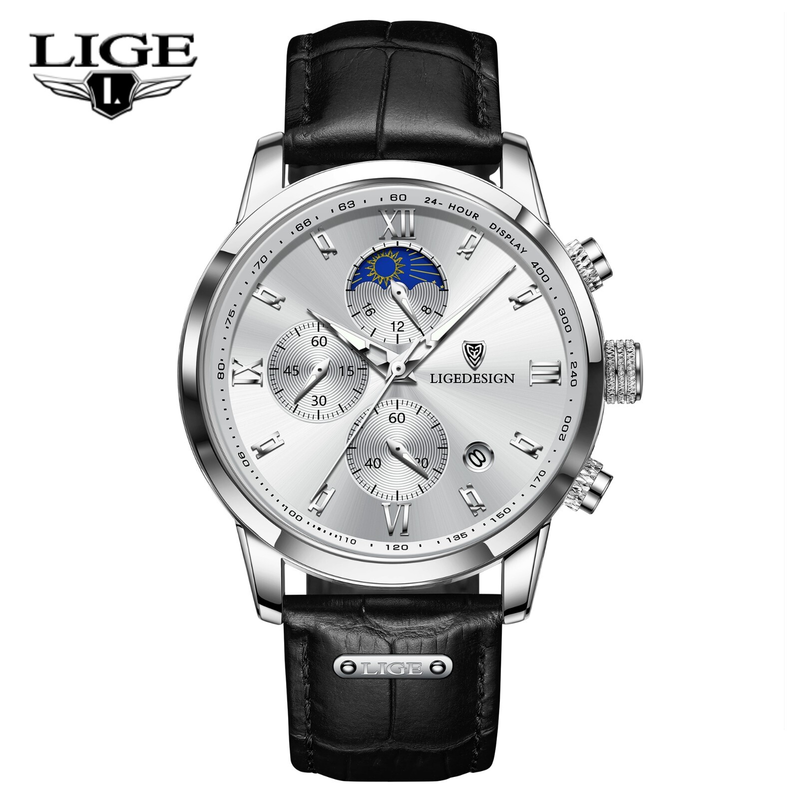 Montre hommes quartz analogique à cadran rond lumineux et bracelet cuir noir