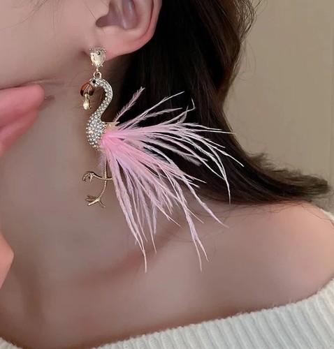 Flamingo Feather Rhinestone Earrings Cute Bird Summer Florida Statement Gift NEW - Picture 5 of 7