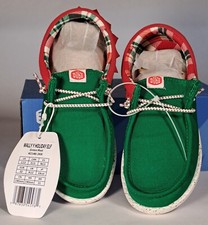 Kids Hey Dude Wally Elf Green Red Plaid Holiday Shoes Toddler Size C13