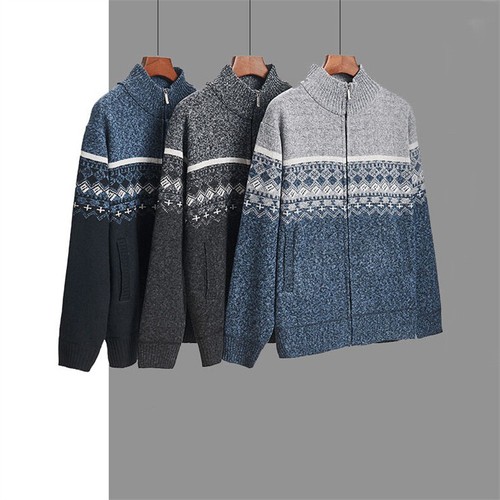 Men Boy Stand Collar Jacquard Knitted Cardigan Slim Fit Zip Vintage Sweater - Imagen 1 de 9