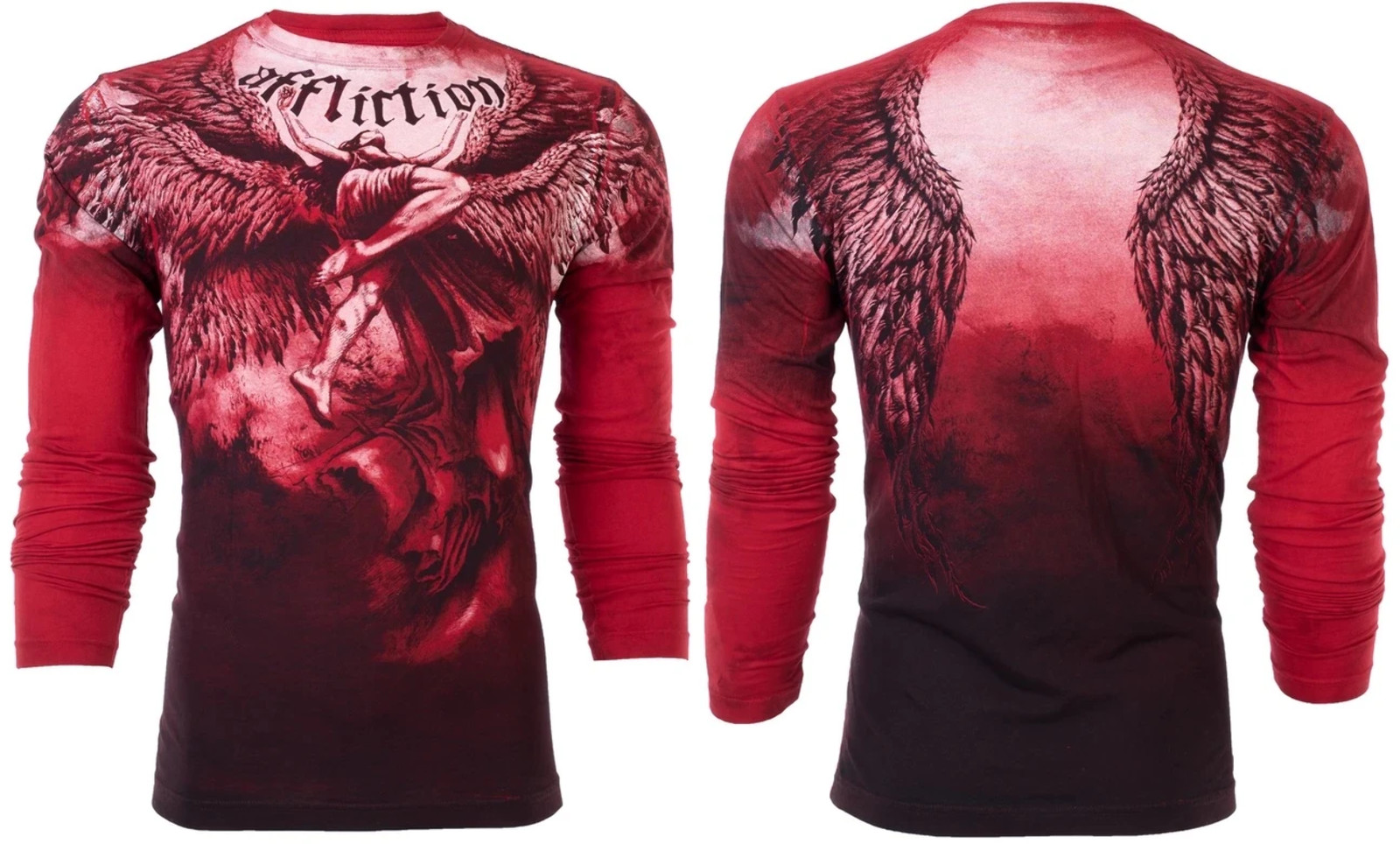 Мужская футболка AFFLICTION с длинным рукавом и татуировкой Крылья ВВЕРХ байкерского красного цвета