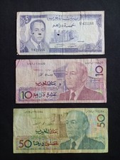 Banconote MAROCCO 5 (1970) + 10 + 50 (1987) DIRHAMS - circolate / danneggiate