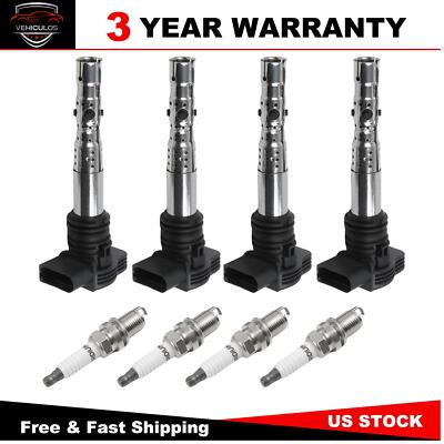 4PCS UF411 Ignition Coils + 4PCS 6458 Iridium Spark Plugs for 2001-2006 Audi A4