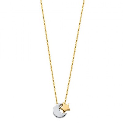 14K massives Echtgold zweifarbig Mond & Stern Valentinstag Liebe Halskette - 18''