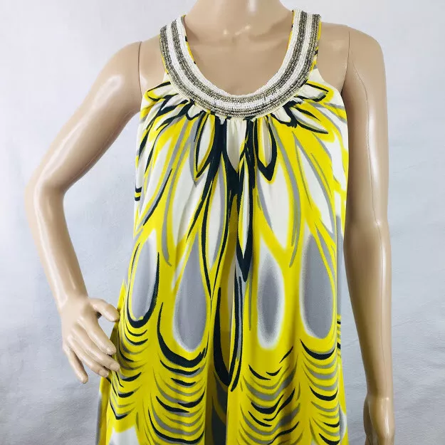 INC Women L Large Shift Dress Halter Neck T Back Beaded Yellow Bra Lined  Support