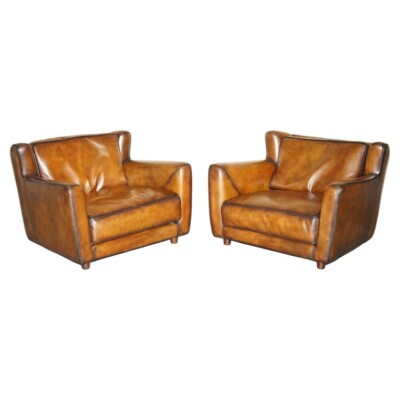 PAIR OF RESTORED BAXTER BERGER HAND DYED CIGAR BROWN LEATHER LOVE SEAT ARMCHAIRS