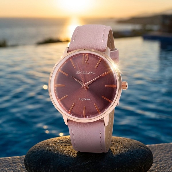Excellanc Frauen Uhr Damen Armbanduhr Quarzuhr RoséGold Kunstlederarmband Rosa-image