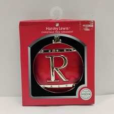 Harvey Lewis Letter 'R' Christmas Ornament Swarovski Crystals 3" Red Silver Ball