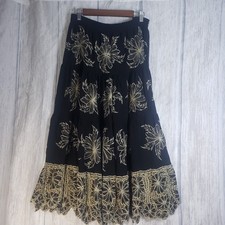 Vtg Black Tiered maxi skirt Womens One Size Gold embroidery Whimsigoth Lined