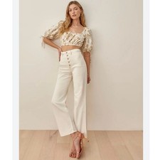 Reformation Lexi High Rise Wide Leg Jeans Off White Cream Button Size 24