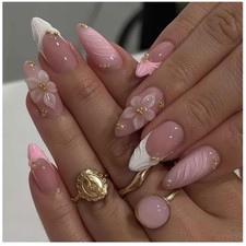 Press On Nails French Tip rosa Gold Embossed Bl&uuml;mchen 24 St&uuml;ck