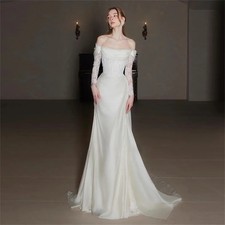 Elegant Wedding Dresses Off Shoulder Long Sleeves Lace Retro Satin Train Gowns