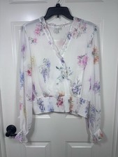 Joie Sheer Floral Ruffle V-Neck L/S Smocked Waist Blouse Women s L White