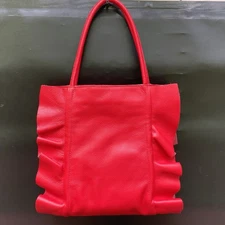 New Uno Alla Volta Italian Leather Bergamo Ruched Tote Shoulder Bag Purse Red