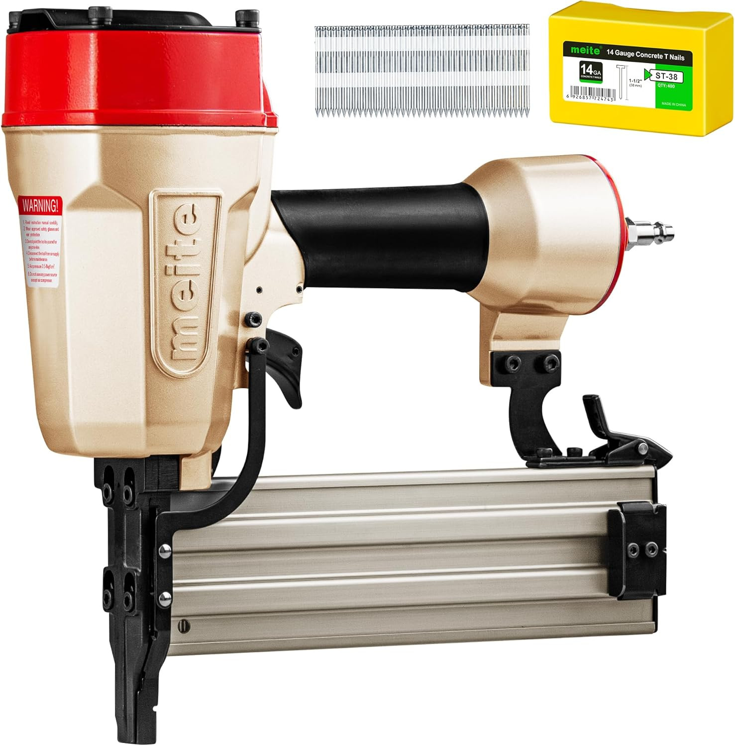 ST64L Concrete Nail Gun with 400PCS 14 GA 1-1/2 Inch T Nails, Extended Muzzle Pn