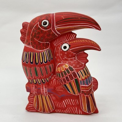 Vintage mexikanische Volkskunst Keramik Tukane handbemalt rote Vögel Figur 21 cm