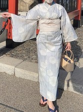 Authentic Japanese Yukata Set Retro Modern Cotton Robe Blue Stripe Chrysanthemum