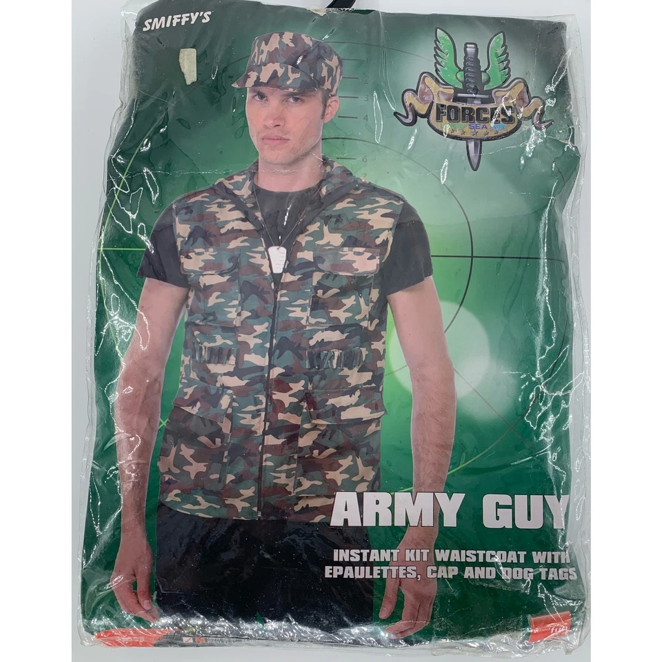 Disfraz Smiffys Adulto Ejército Hombre Mediano Chaleco Charreteras Gorra y Etiqueta de Perro  Foto 2 de 4