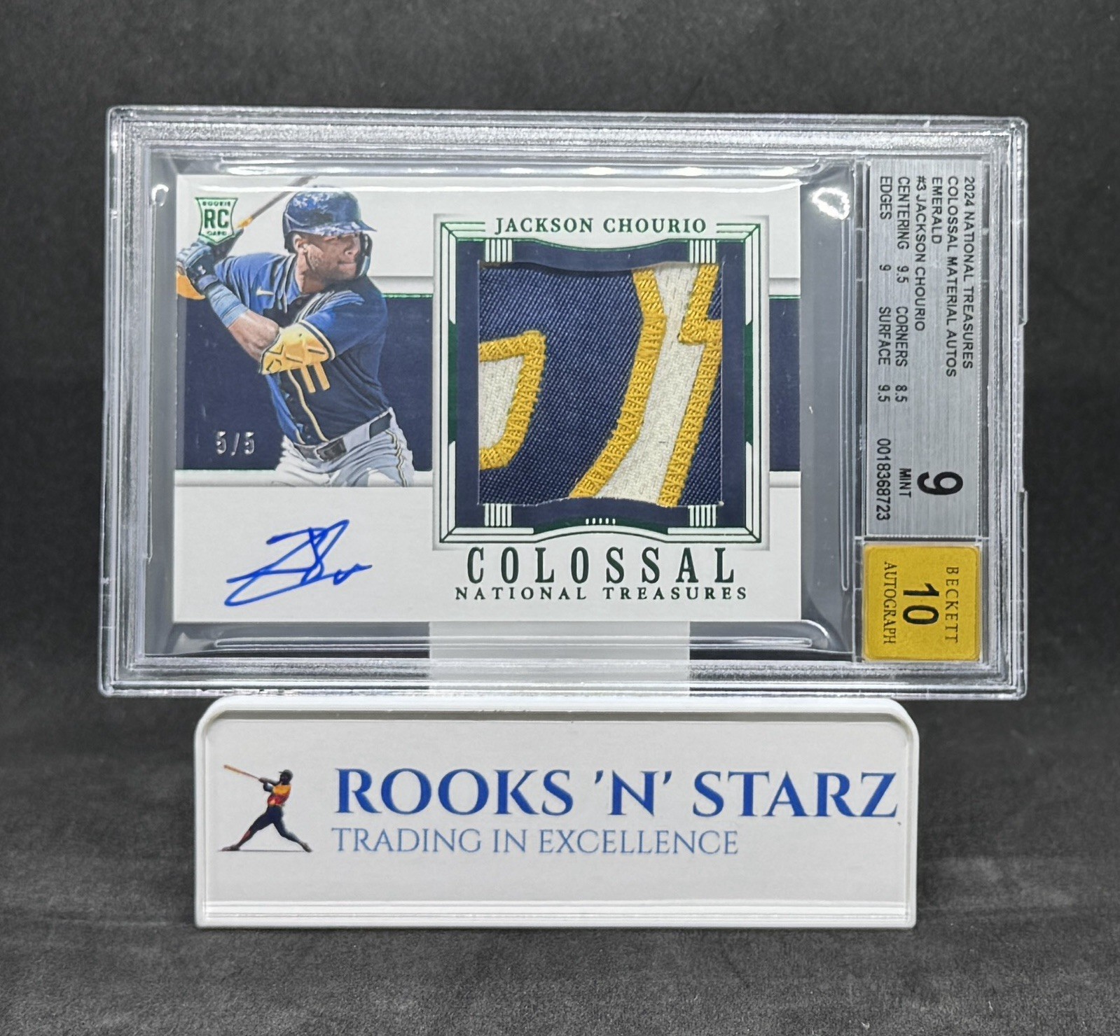 🔥 JACKSON CHOURIO RC 2024 National Treasures auto w/SICK PATCH Emerald /5  🔥
