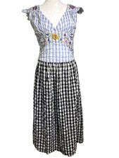 Tach Clothing Dress Medium Gingham Fit Flare Floral Embroidery Cottage Core