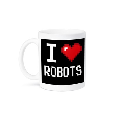 3dRose, Geeky Old School Pixelated Pixels 8-Bit I Heart I Love Robots, Mug